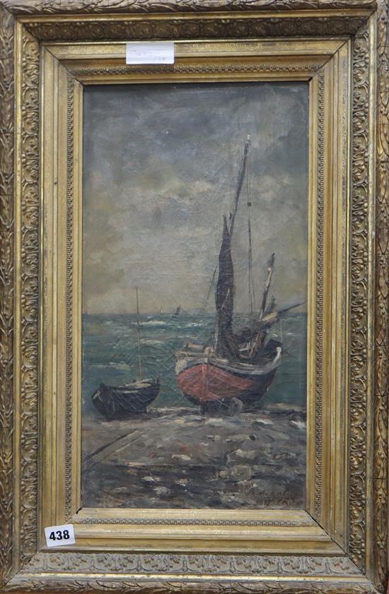 R De Galino, oil on canvas, Fishing boats on the shore, signed and dated 1889, 47 x 25cm